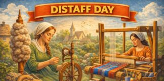 Distaff Day (1 January) – Honoring Women’s Skills & Heritage An illustrated scene titled “DISSTAFF DAY” (banner) showing two women weaving on traditional looms in a scenic village. One woman spins thread with a spinning wheel on the left, while the other weaves on a loom on the right. A warm, rustic setting with plants, stones, and a distant church suggests a craft workshop. Distaff Day