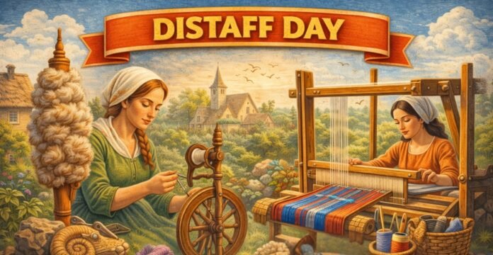 An illustrated scene titled “DISSTAFF DAY” (banner) showing two women weaving on traditional looms in a scenic village. One woman spins thread with a spinning wheel on the left, while the other weaves on a loom on the right. A warm, rustic setting with plants, stones, and a distant church suggests a craft workshop. Distaff Day