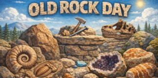 Old Rock Day– Meaning, History, and Old Things Still Matter A detailed prehistoric-themed scene labeled “Old Rock Day” with a rocky archaeology site. In the foreground there are fossilized shells, an amethyst geode, and a large dinosaur skull replica among stones; a hammer and chisel rest on a stone bench, with a blue sky and mountains in the background.