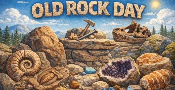 A detailed prehistoric-themed scene labeled “Old Rock Day” with a rocky archaeology site. In the foreground there are fossilized shells, an amethyst geode, and a large dinosaur skull replica among stones; a hammer and chisel rest on a stone bench, with a blue sky and mountains in the background.