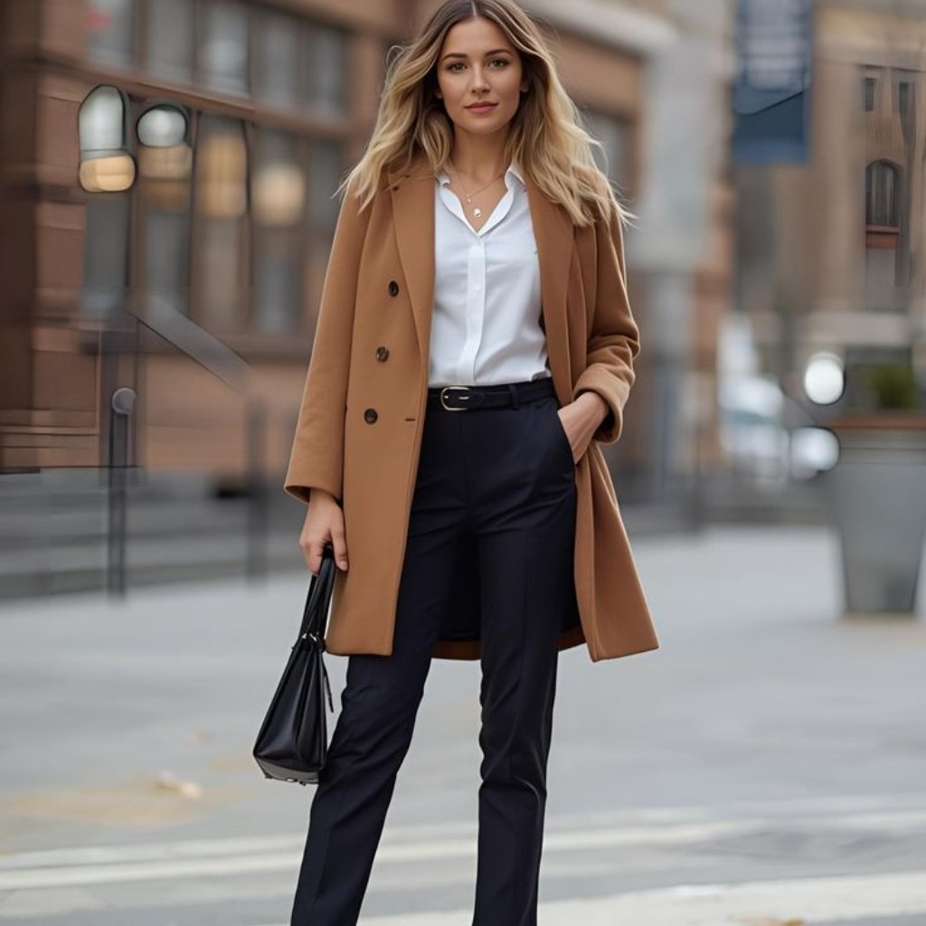 Paletot Topcoat The Timeless Overcoat Every Gentleman Needs 5 A stylish woman walking outdoors in an urban setting, wearing a camel coat over a white blouse and dark trousers, holding a black handbag.