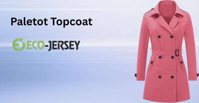 A pink Paletot Topcoat displayed against a light blue gradient background with the Eco-Jersey logo on the left. Paletot Topcoat