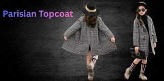 Parisian Topcoat Timeless Style Elegance & Modern Appeal Pro Two stylish children wearing gray plaid coats and hats, posing against a dark textured background; the left child is mid-twish with coat flared, the right child holds a black clutch. Parisian Topcoat