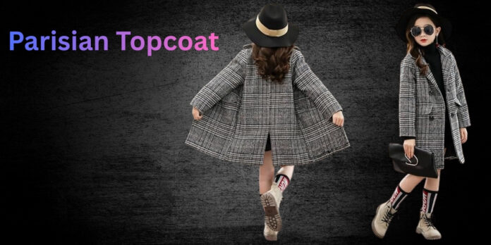 Two stylish children wearing gray plaid coats and hats, posing against a dark textured background; the left child is mid-twish with coat flared, the right child holds a black clutch. Parisian Topcoat