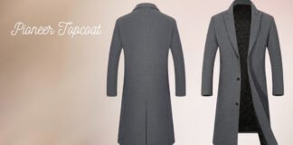 Pioneer Topcoat A Perfect Blend of Heritage & Modern Fashion A long, gray Pioneer Topcoat displayed from the back on the left and from the front on the right, showing an open style with two visible buttons and a black quilted lining. The background is a soft peach gradient. Pioneer Topcoat