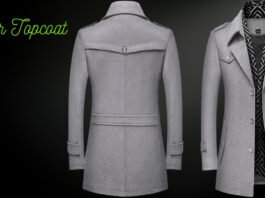 A gray tailored wool coat displayed from the back and a second coat shown slightly open with a patterned black and white lining. The brand name “Pioneer Topcoat” is written in neon green script on a black gradient background. Pioneer Topcoat