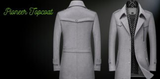 Pioneer Topcoat: A Timeless Outerwear Style for Modern Men. A gray tailored wool coat displayed from the back and a second coat shown slightly open with a patterned black and white lining. The brand name “Pioneer Topcoat” is written in neon green script on a black gradient background. Pioneer Topcoat