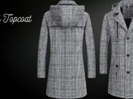 Grey plaid topcoat shown from two angles against a black background, with the words 'Plaid Topcoat' written in white script on the left. Plaid Topcoat