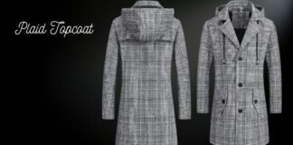 Plaid Topcoat Style Guide: Classic Patterns for Modern Men. Grey plaid topcoat shown from two angles against a black background, with the words 'Plaid Topcoat' written in white script on the left. Plaid Topcoat