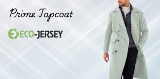 Prime Topcoat: Ultimate Guide to Style, Comfort and Elegance Man wearing a light green overcoat against a pale geometric background with the text ‘Prime Topcoat’ and the Eco-Jersey logo. Prime Topcoat