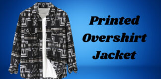 Printed Overshirt Jacket: Stylish Comfort for All Seasons A black-and-white printed overshirt jacket with a geometric pattern, worn over a white shirt, set against a blue gradient background.