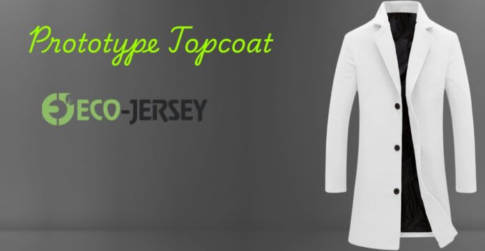 Promotional image showing a white topcoat displayed against a gray background. On the left, green script text reads 'Prototype Topcoat' and below it 'ECO-JERSEY' in a stylized font. Prototype Topcoat