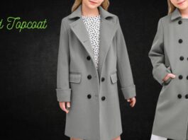 Two young women modeling gray double-breasted wool coats against a dark background; one coat features a single-breasted design with a large lapel and the other features a double-breasted design with hand pockets. Quilted Topcoat