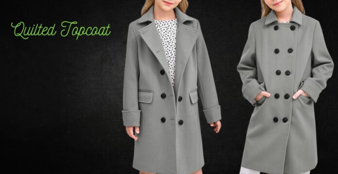 Two young women modeling gray double-breasted wool coats against a dark background; one coat features a single-breasted design with a large lapel and the other features a double-breasted design with hand pockets. Quilted Topcoat