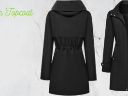 A split view of two black outerwear coats: a cinched-waist hooded trench on the left and a knee-length, zip-front parka with a belt on the right, set against a light marble background. Raglan Topcoat