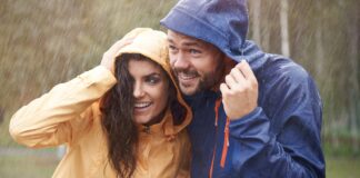 Types of Rain Jacket: Styles to Stay Dry in Every Weather A smiling couple standing in the rain, both wearing rain jackets with hoods up; the woman in a yellow jacket and the man in a blue jacket lean close together, enjoying the moment despite the weather.