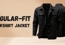 Regular-Fit Overshirt Jacket for Everyday Style Wear Guide A black regular-fit overshirt jacket displayed against a beige background with the text “REGULAR-FIT OVERSHIRT JACKET” on the left.