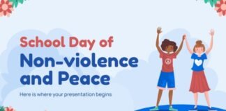 School Day of Non-Violence and Peace Importance & Activities "Illustrated slide for School Day of Non-violence and Peace showing two smiling girls with arms raised, one with a peace symbol shirt and blue shorts, the other with a heart shirt and red skirt, against a light blue background with floral accents." School Day of Non-Violence and Peace .