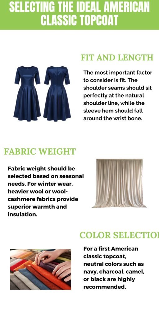 American Classic Topcoat: Timeless Style & Winter Elegance 6 Infographic about selecting the ideal American classic topcoat: fit and length with two navy dresses, a fabric weight swatch, and color options.
