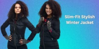 Slim-Fit Stylish Winter Jacket Guide: Fashion Meets Warmth "Two women wearing black slim-fit winter jackets posing confidently against a blue-to-teal gradient background with the text 'Slim-Fit Stylish Winter Jacket' on the right." Slim-Fit Stylish Winter Jacket Guide:
