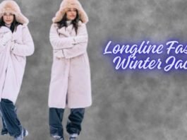“Two people wearing oversized light pink winter coats with fur hoods, standing against a gray cloudy background. The text ‘Longline Fashion Winter Jacket’ is written in blue cursive on the right.” Longline Fashion Winter Jacket: