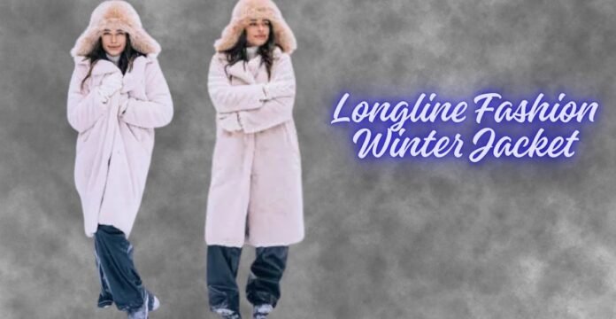 “Two people wearing oversized light pink winter coats with fur hoods, standing against a gray cloudy background. The text ‘Longline Fashion Winter Jacket’ is written in blue cursive on the right.” Longline Fashion Winter Jacket: