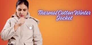 Thermal Cotton Winter Jacket: Warmth Meets Everyday Comfort "Image showing a beige shell fabric jacket with a zip closure, displayed against an orange gradient background." Thermal Cotton Winter Jacket: