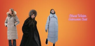 Ethical Winter Outerwear Coat: Eco-Friendly Warmth Redefined Alt text: A bright orange gradient background features three models wearing long winter coats in beige, black, and light blue. The text “Ethical Winter Outerwear Coat” appears in pink script on the right. Ethical Winter Outerwear Coat: