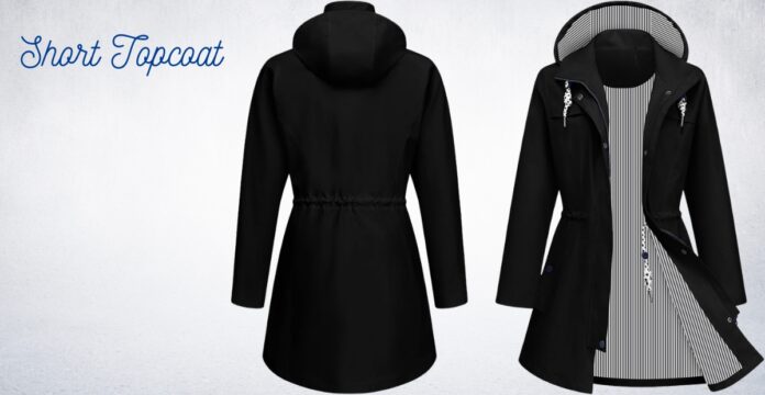 Black short topcoat shown from the back on the left, and a black hooded coat with a striped inner lining on the right, displayed against a light textured background. Short Topcoat