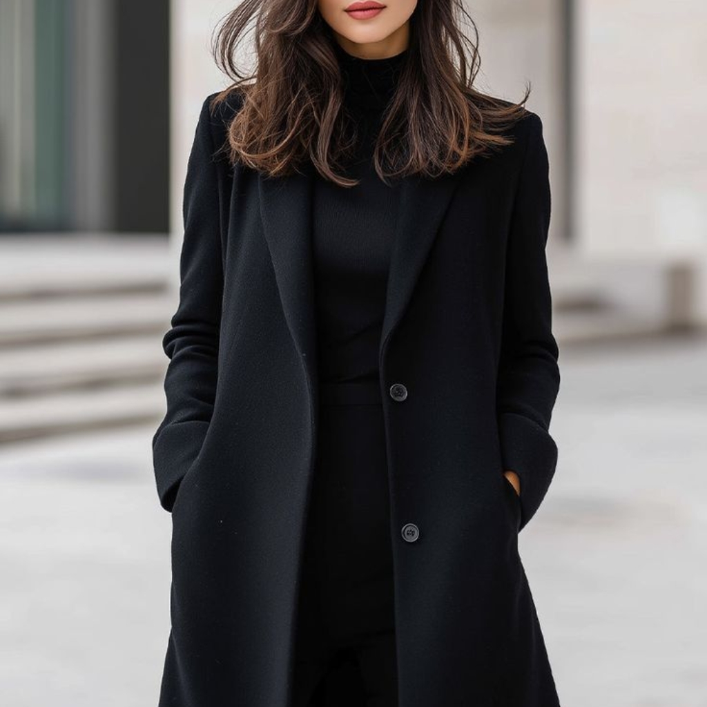 Short Topcoat Stylish Versatile Outerwear for Every Occasion 6 Woman wearing a black outfit with a long black coat, standing outdoors.