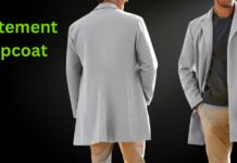 Statement Topcoat Bold Outerwear That Defines Your Style Now Two people wearing light gray overcoats against a dark background; one is shown from the back, the other facing forward with hands in pockets. Bright green text on the left reads 'Statement Topcoat'. Statement Topcoat