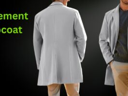 Two people wearing light gray overcoats against a dark background; one is shown from the back, the other facing forward with hands in pockets. Bright green text on the left reads 'Statement Topcoat'. Statement Topcoat