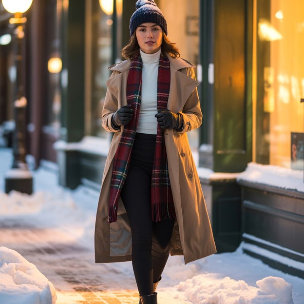 A woman walking on a snowy city sidewalk in winter, wearing a beige trench coat, a plaid red scarf, black gloves, a white turtleneck, black leggings, a navy knit beanie, and black boots.