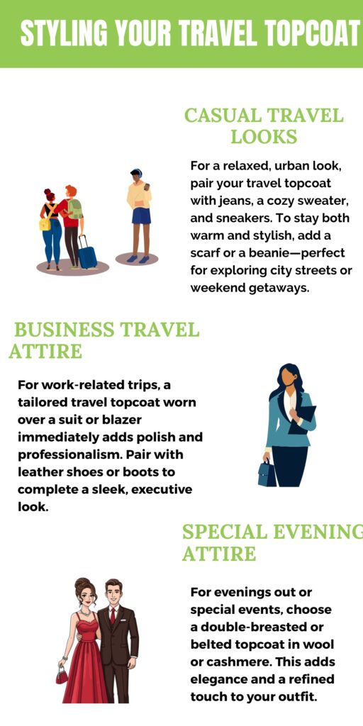 Illustration of people wearing different travel topcoats with headings for Casual Travel Looks, Business Travel Attire, and Special Evening Attire.