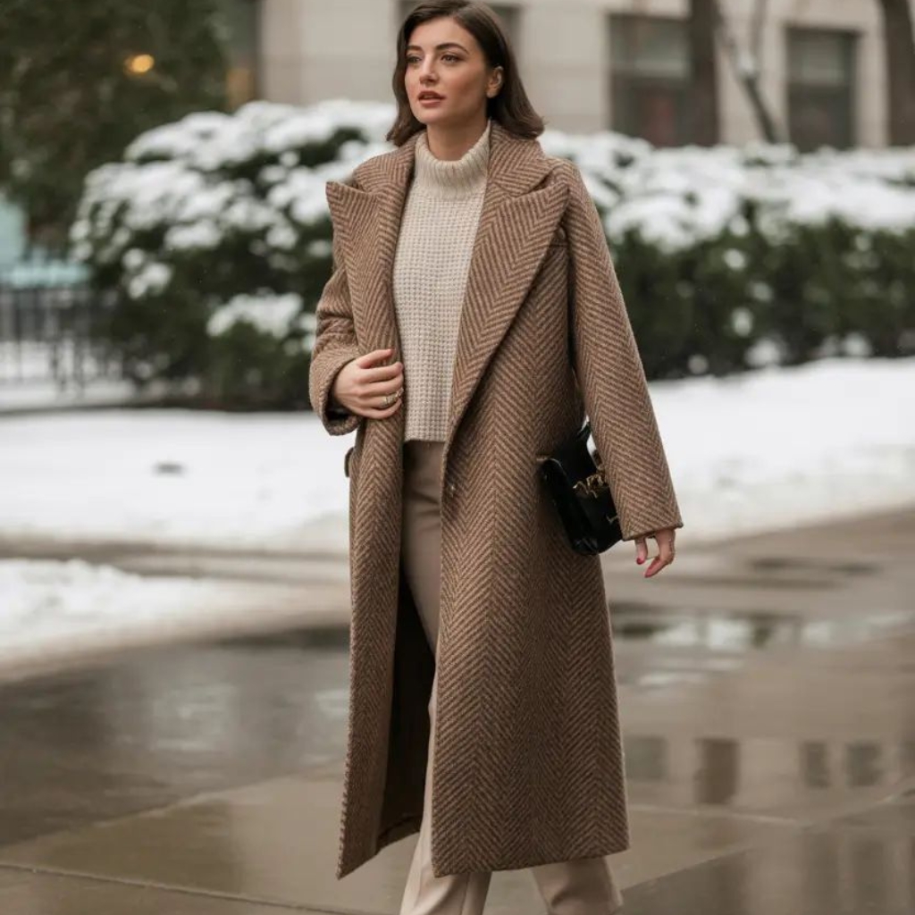 Metaverse Topcoat Explained: Style, Comfort, and Innovation. 8 A stylish woman walks along a snowy city sidewalk wearing a long, brown herringbone coat over a cream turtleneck sweater and beige trousers, carrying a small black purse.