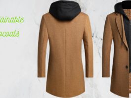 Two camel-colored sustainable topcoats displayed side by side on a light marble background; one coat has a black hooded inner layer shown, with lime-green text reading ‘Sustainable Topcoats’ on the left. Sustainable Topcoats