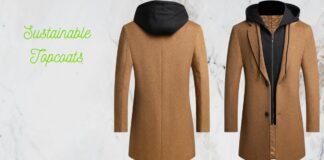 Sustainable Topcoats: Eco-Friendly Style Without Compromise. Two camel-colored sustainable topcoats displayed side by side on a light marble background; one coat has a black hooded inner layer shown, with lime-green text reading ‘Sustainable Topcoats’ on the left. Sustainable Topcoats