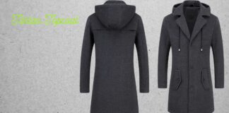 Tartan Topcoat: Timeless Plaid Style for Modern Winter Wear. Two views of a dark grey hooded topcoat against a light grey background: the left image shows the back with a hood and mid-thigh length; the right image shows the front with a button-down closure and two flap pockets at the hips. Tartan Topcoat