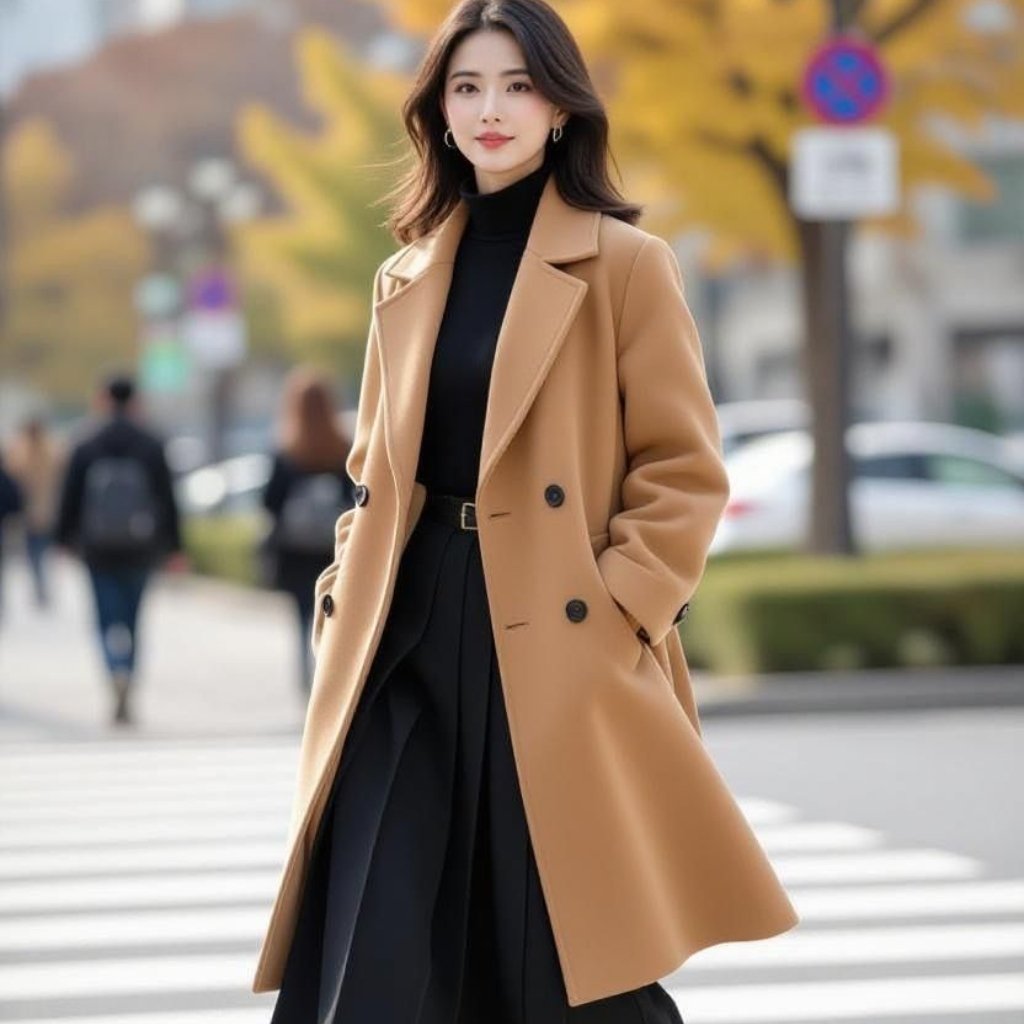 A stylish woman walks across a city street wearing a camel wool coat over a black turtleneck and wide-leg black pants, with a belt at the waist; autumn trees and pedestrians blur in the background.