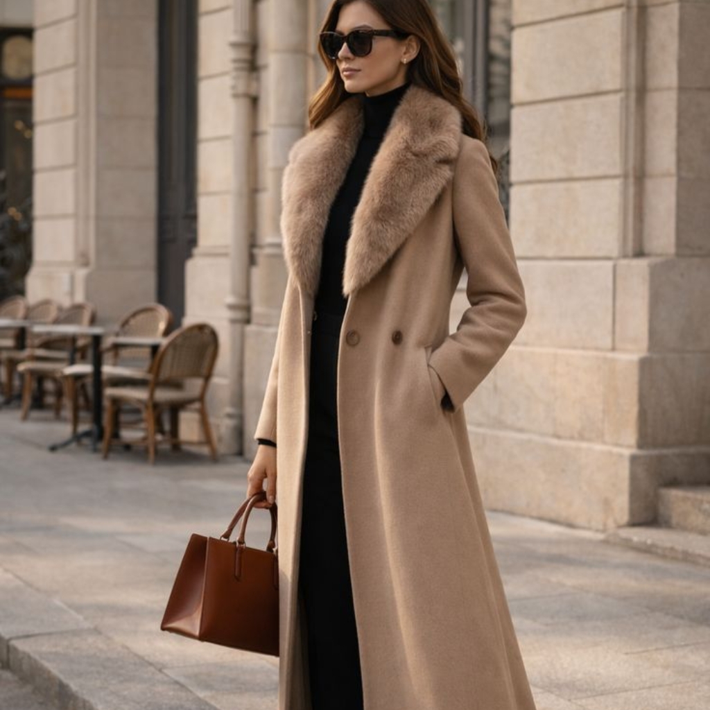A stylish woman stands on a city sidewalk wearing a long tan coat with a fur collar over a black turtleneck and pants. She carries a brown leather handbag and wears sunglasses, with cafe tables and chairs in the background.