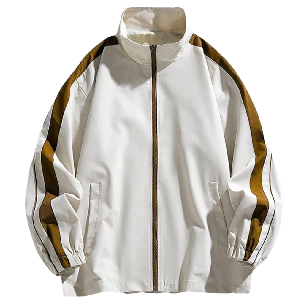 A light-colored windbreaker jacket with a brown zipper and brown racing stripes down the sleeves. The jacket has a high collar, long puffed sleeves with elastic cuffs, and side pockets.