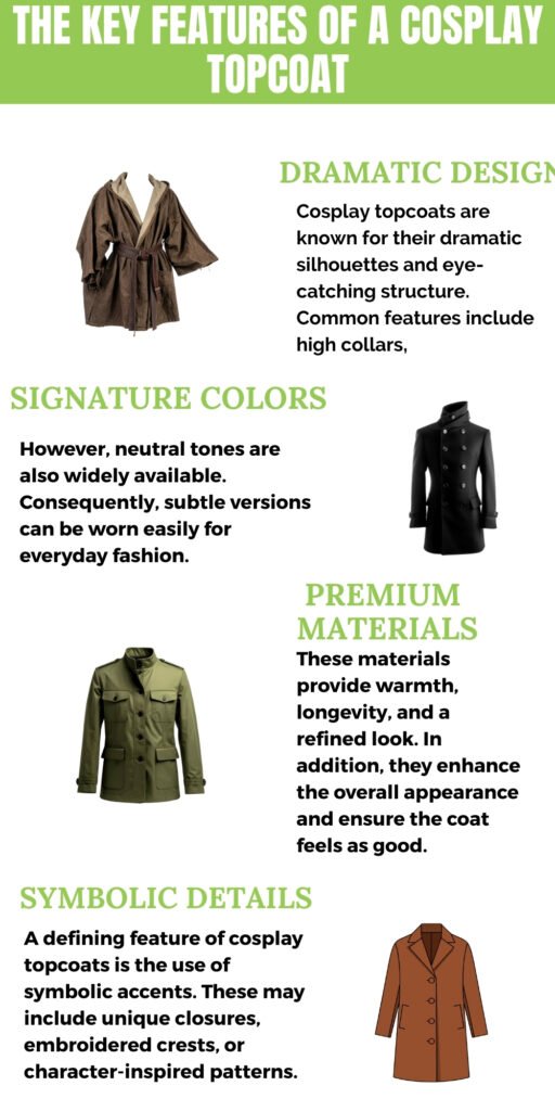 A collage illustrating the key features of a cosplay topcoat: four coats in different styles and colors, paired with sections labeled Dramatic Design, Signature Colors, Premium Materials, and Symbolic Details.