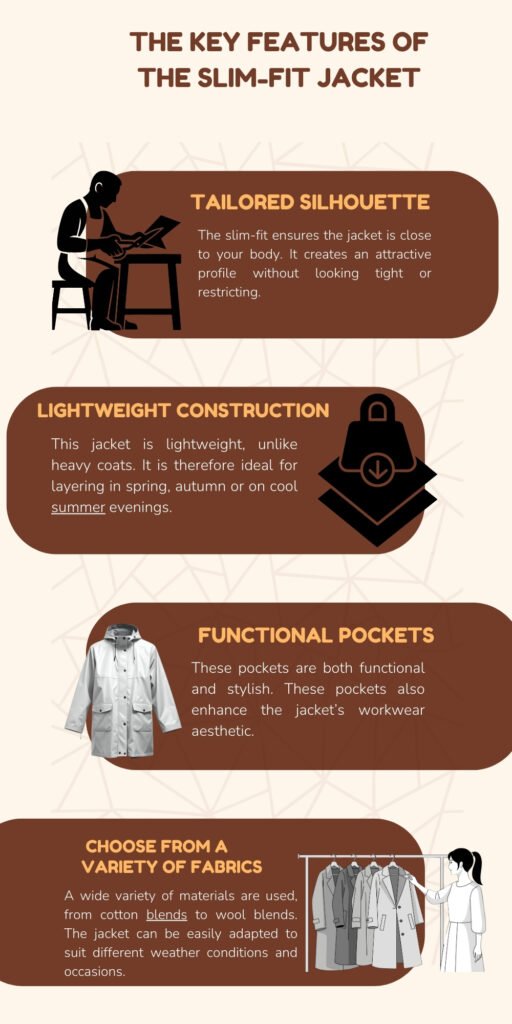 Infographic titled “The Key Features of the Slim-Fit Jacket” with four rounded brown panels. Panel 1: “Tailored Silhouette” shows a person at a desk; text explains the jacket is close to the body for an attractive profile. Panel 2: “Lightweight Construction” with a layered geometric icon; text notes the jacket is lightweight and good for layering in spring, autumn, or cool evenings. Panel 3: “Functional Pockets” with a jacket image; text says pockets are functional and stylish, enhancing wearwork aesthetics. Panel 4: “Choose from a Variety of Fabrics” with a clothing rack; text describes diverse materials and adaptability to different weather and occasions.