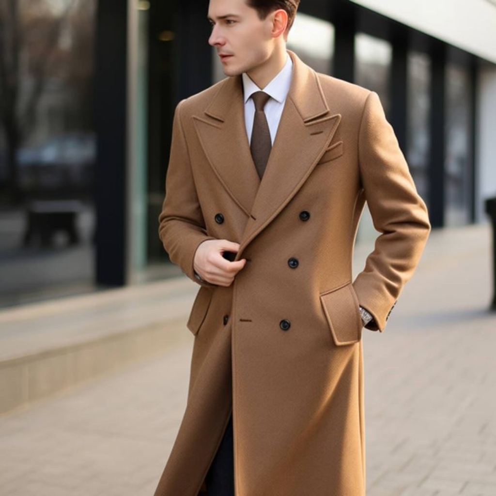 A man wearing a long tan camel coat, white shirt, and brown tie stands on a city sidewalk, adjusting the coat with one hand.