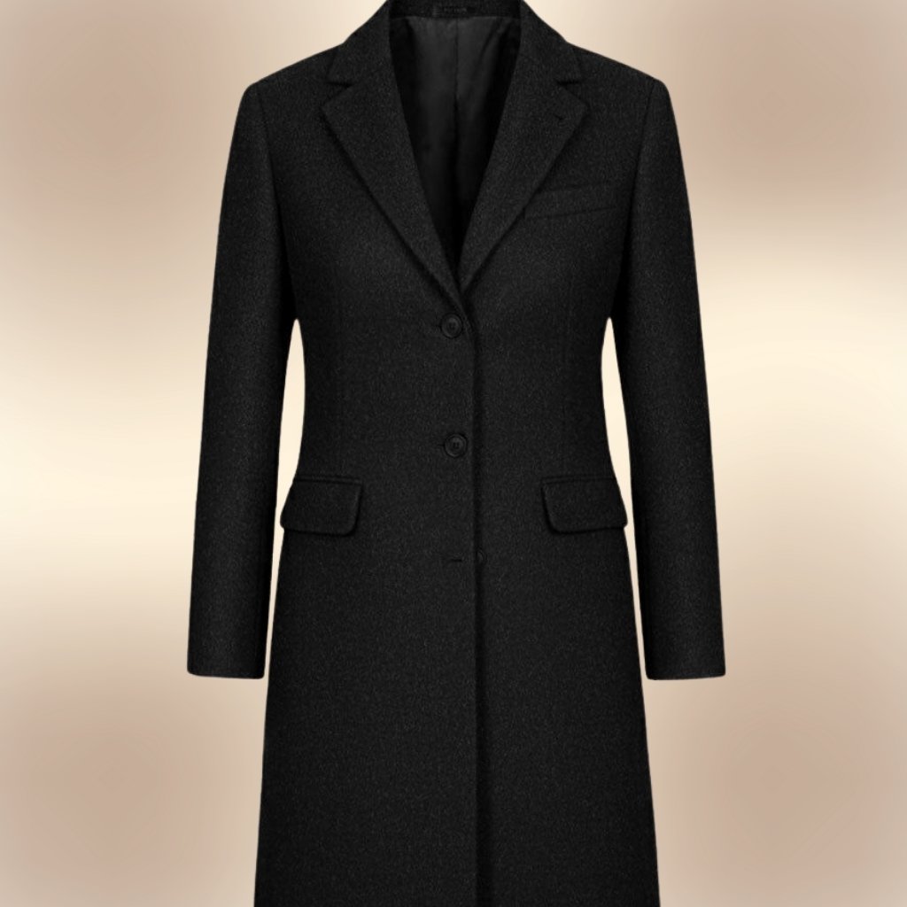 A long black wool coat with a notched lapel, two-button closure, and flap pockets, displayed against a soft beige gradient background.