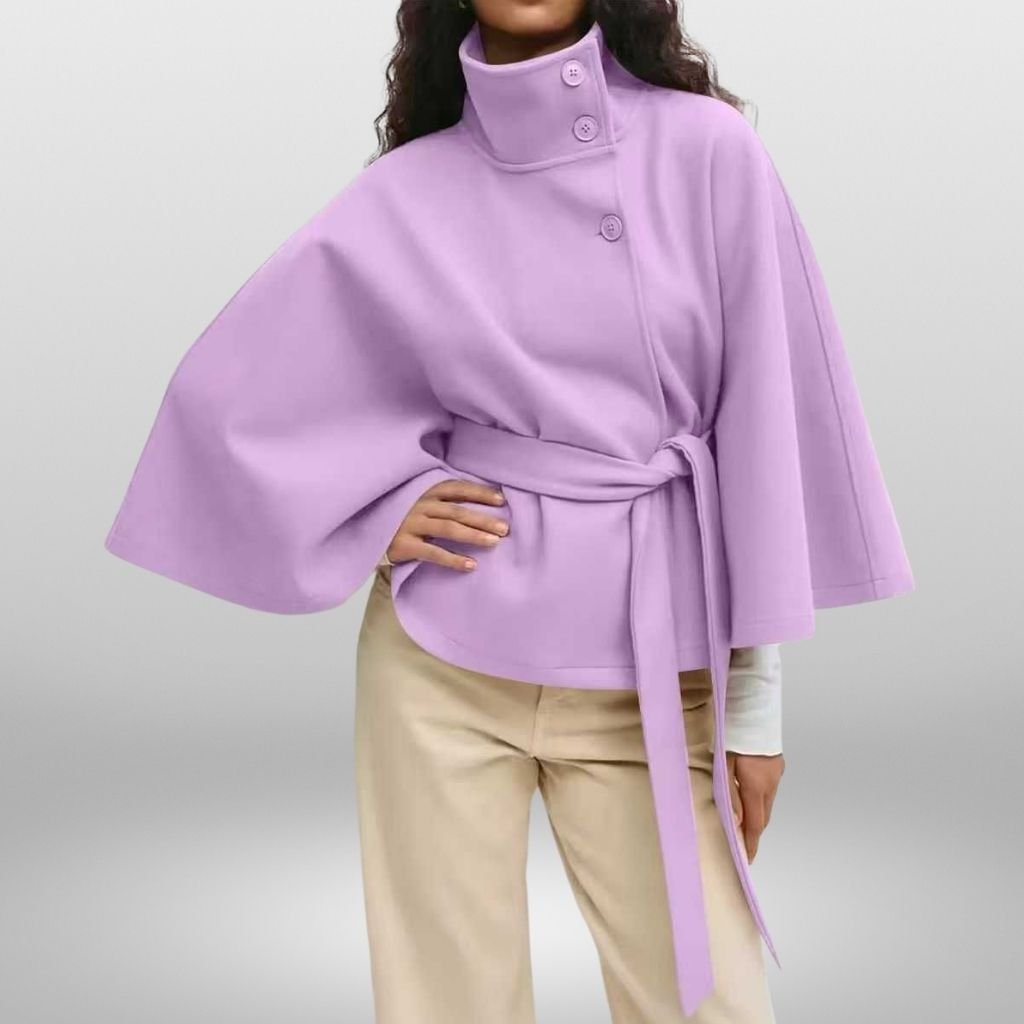 Cape Jacket for Women: Timeless Elegance Meet Modern Style 4 A lavender cape jacket for women with a high collar, three-button front, wide kimono-style sleeves, and a waist-tie belt.