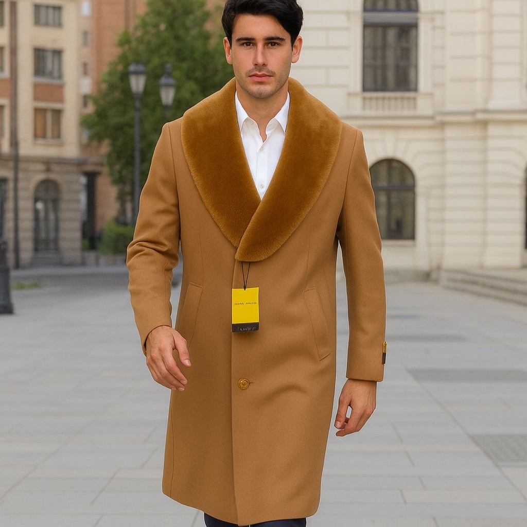 Man wearing a camel-colored coat with a large, plush brown fur collar, white dress shirt, walking outdoors in an urban setting.