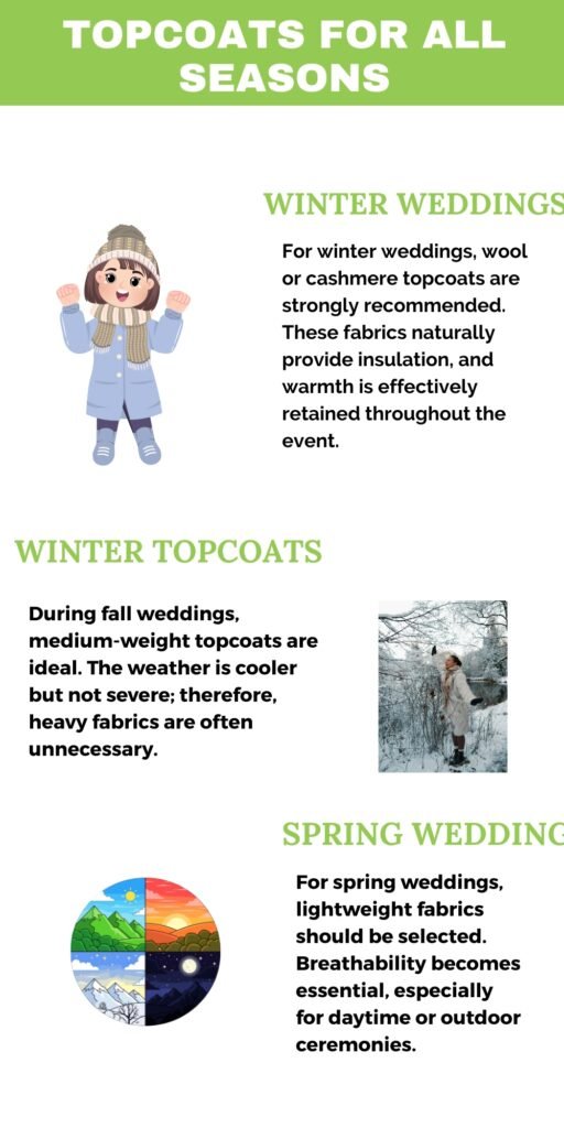 Wedding Topcoat: The Perfect Outerwear for a Stylish Groom 6 A seasonal guide graphic titled ‘Topcoats for All Seasons’ featuring winter and spring wedding tips with a cartoon child in a winter outfit, a snowy photo, and a round landscape illustration.