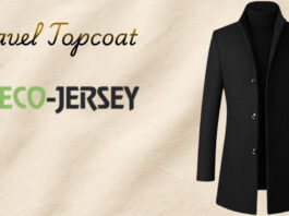 A black travel topcoat displayed on the right with a beige textured background; the text “Travel Topcoat” is written in a cursive font on the left, and the logo “ECO-JERSEY” appears beneath it in green and black. Travel Topcoat