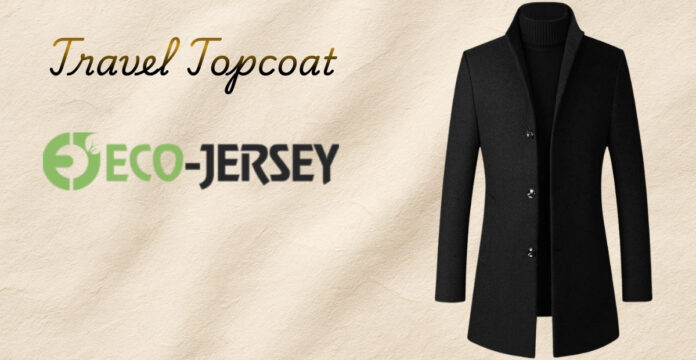 A black travel topcoat displayed on the right with a beige textured background; the text “Travel Topcoat” is written in a cursive font on the left, and the logo “ECO-JERSEY” appears beneath it in green and black. Travel Topcoat